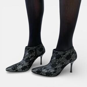 Black Floral Lace Overlay Pointy Toe Ankle Bootie Stilettos Sz 7.5